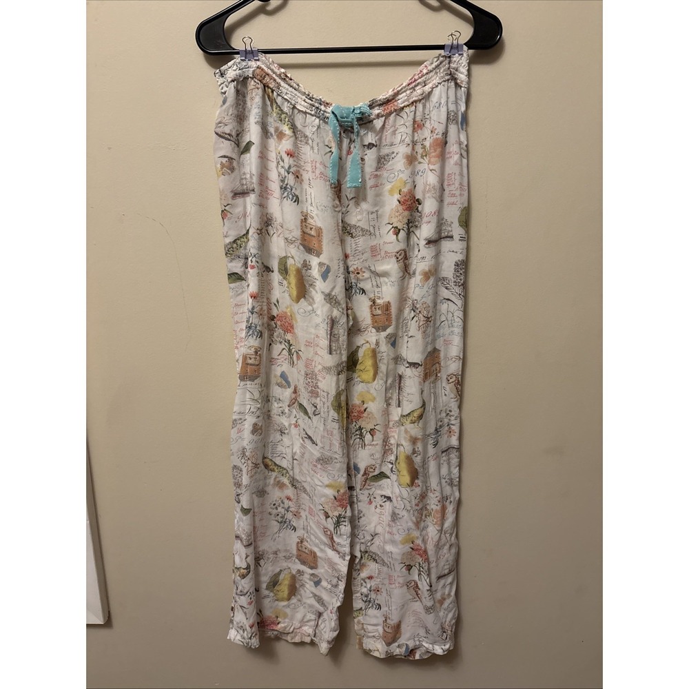 By Eloise Pajama Pants Womens Large Fruit Butterflies Whimsy Cottagecore *TEAR*